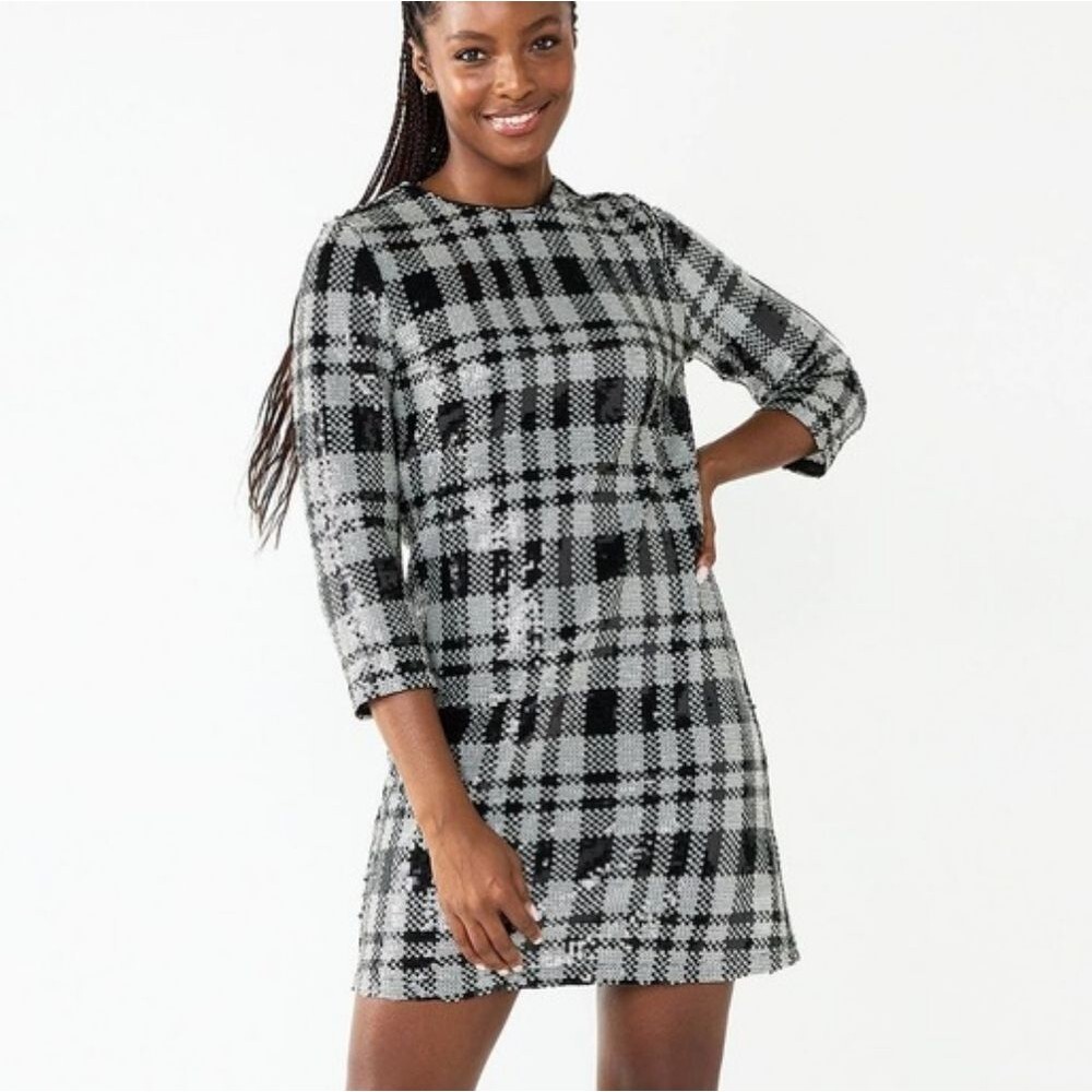 Draper James RSVP Silver Black Sequin Plaid 3/4 Length Sleeve Mini Dress 2 NWT